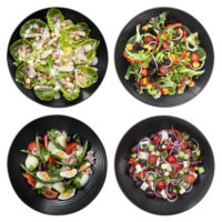 Set of different salads on white background.  Includes chicken caesar, garden, nicoise, and Greek.
